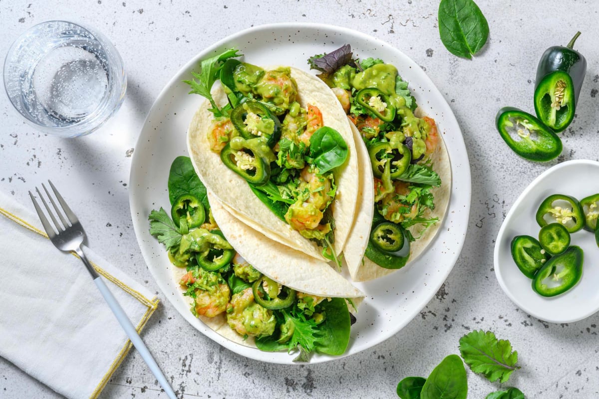 Tacos aux crevettes et sauce déesse verte