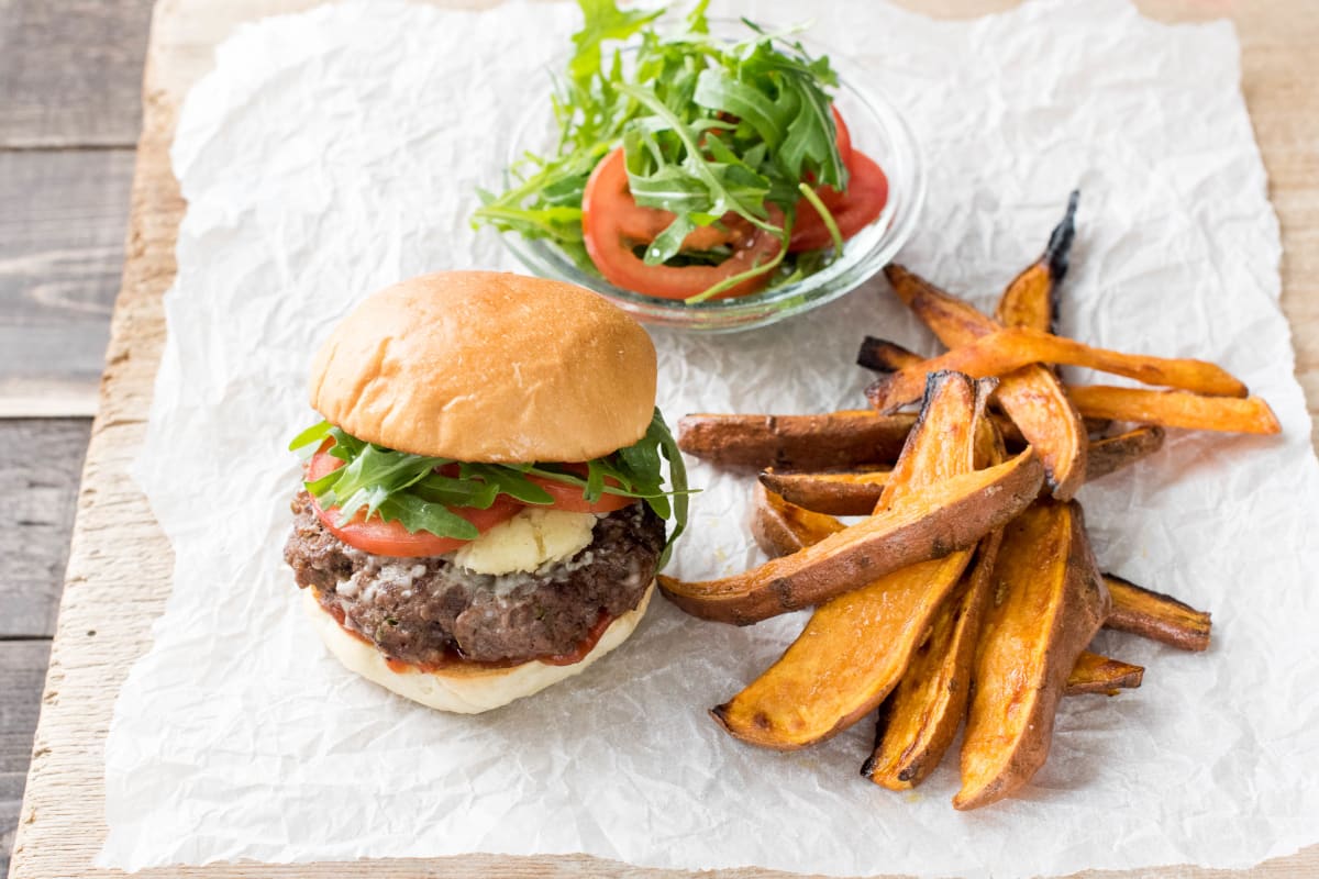 Smoked Cheese Burger with Sweet Potato Wedges