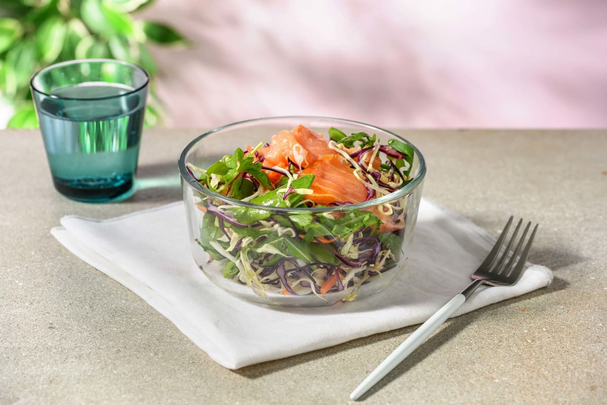 Asian Style Smoked Salmon and Crunchy Veg Salad with Ginger, Sesame and Lime Dressing