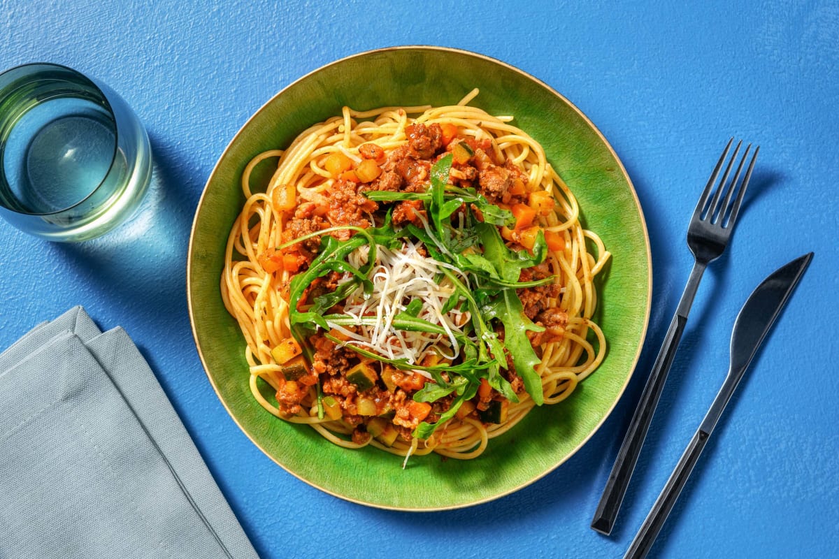 Snelle spaghetti bolognese met ontbijtspek