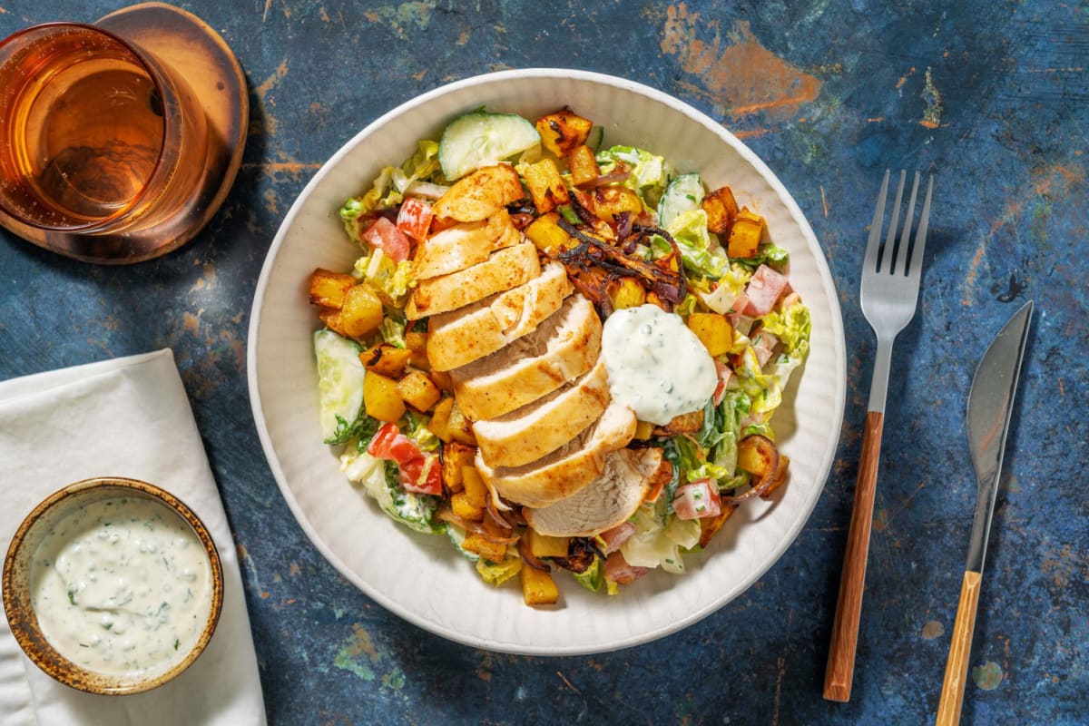 Souflaki-Poulet-Salat mit Kartoffelcroûtons