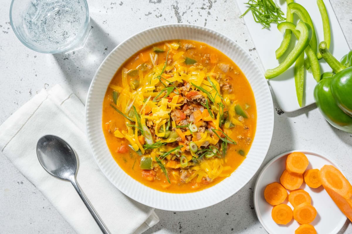 Carb Smart Cheeseburger Tofu Soup