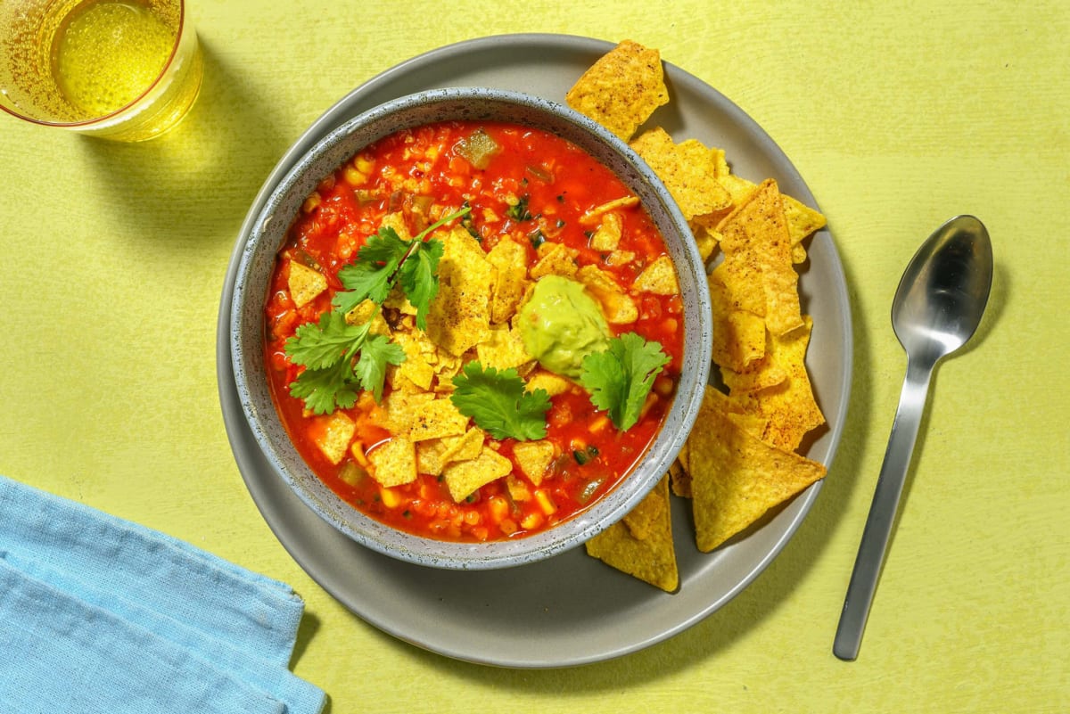 Soupe tex-mex de croustilles de maïs et de lentilles