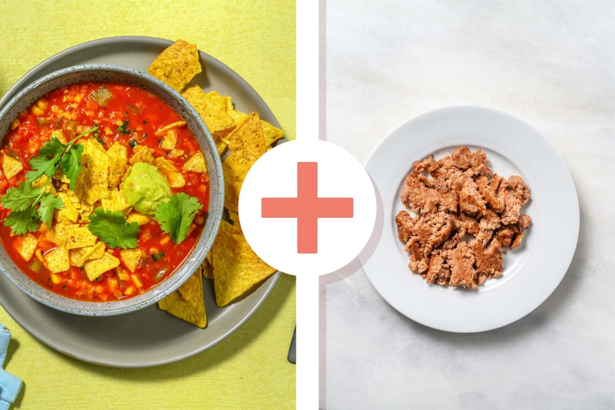 Soupe tex-mex de tortilla, de lentilles et de Beyond Meat®