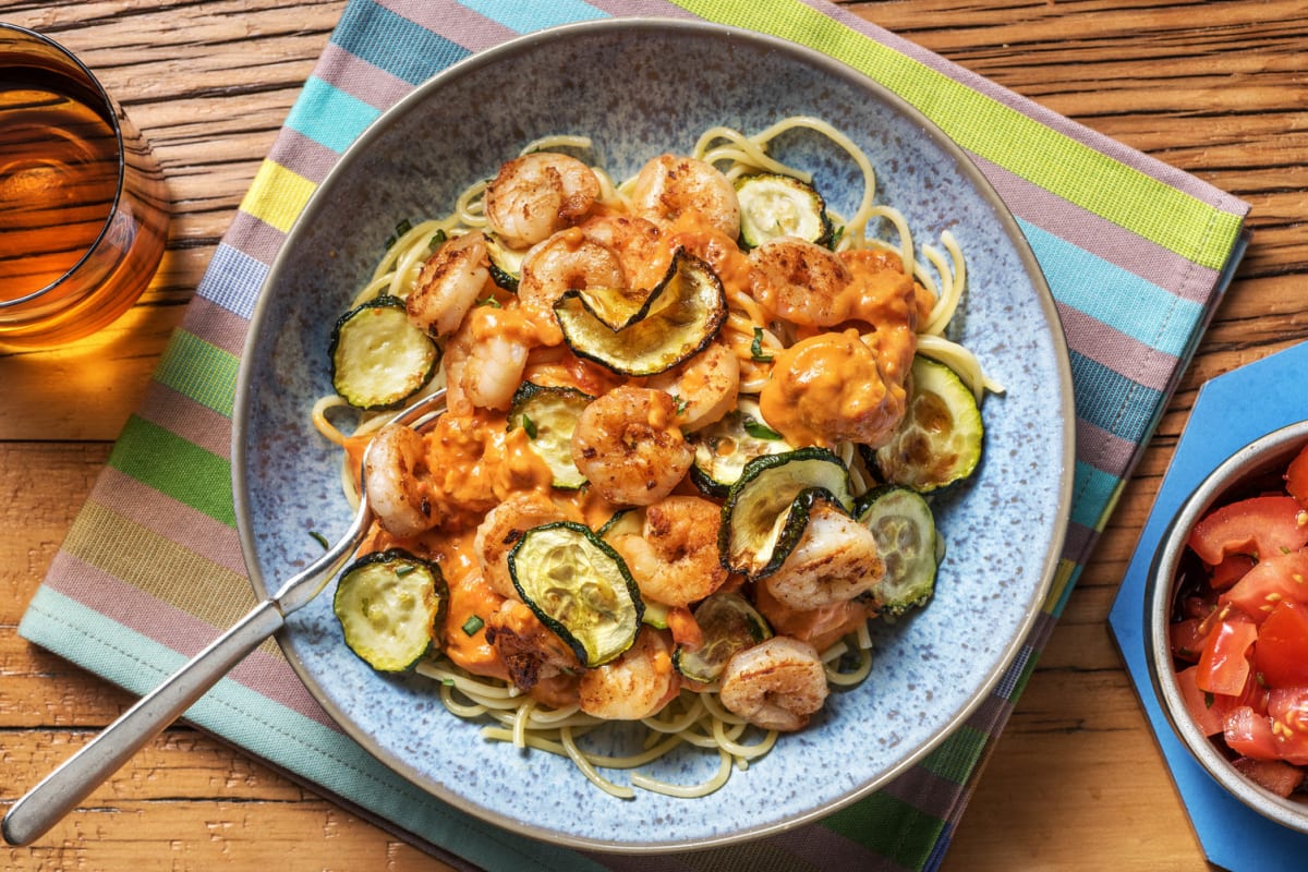 Spaghetti met garnalen in kerrie-roomsaus