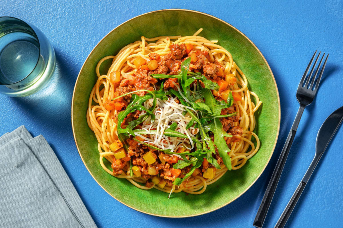 Snelle spaghetti bolognese met ontbijtspek