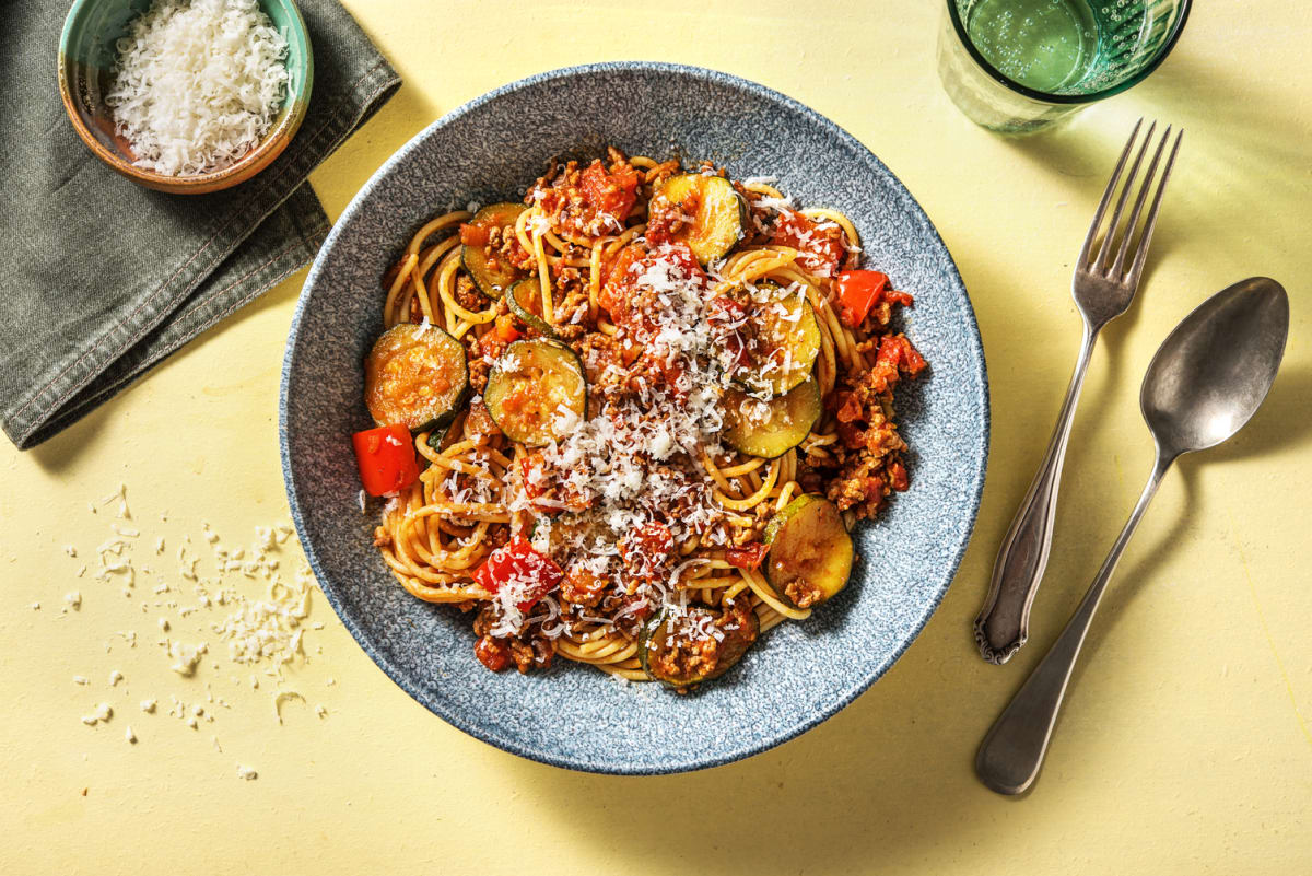 Spaghetti et sauce tomate au bœuf et à l’ail
