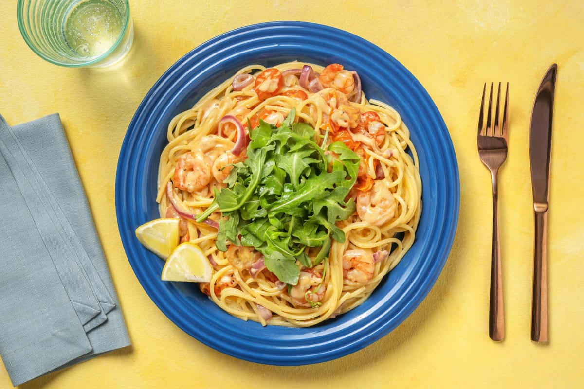 Snelle spaghetti met citroen-knoflookgarnalen