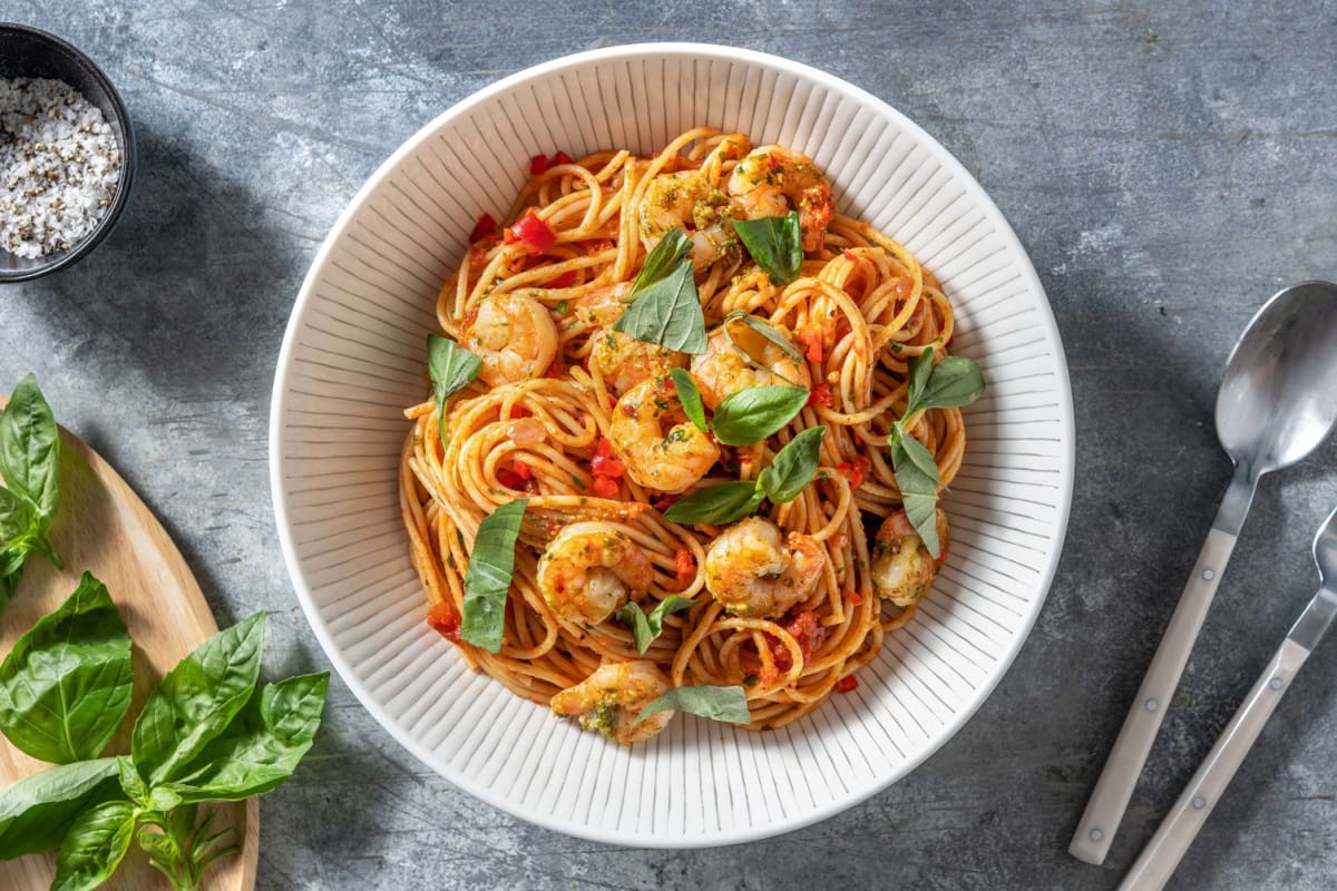 Spaghetti nach Art „Bruschetta“ mit Garnelen