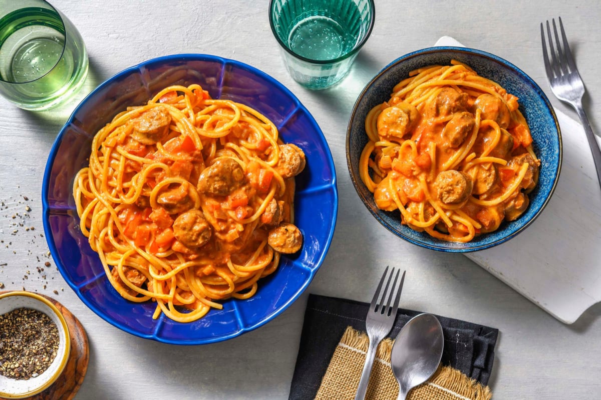 Spaghetti met kipworst en rode pesto