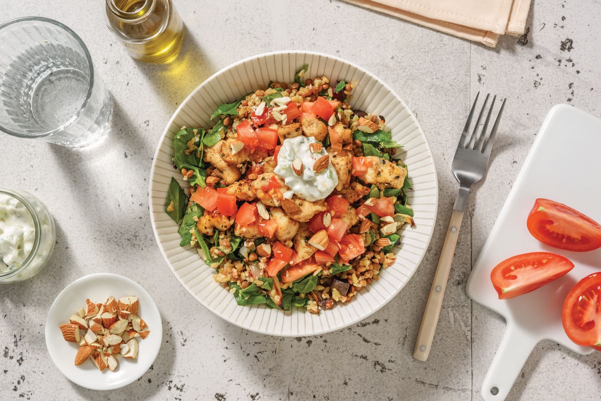 Spiced Chicken & Garlic Lentil Freekeh with Cucumber Yoghurt