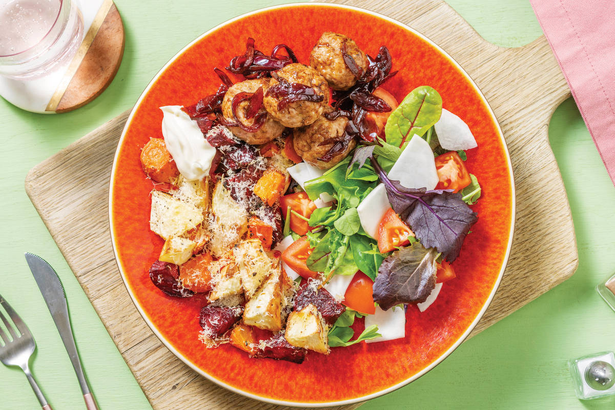 Spiced Pork Meatballs & Cheesy Garlic Roast Veggies Recipe HelloFresh