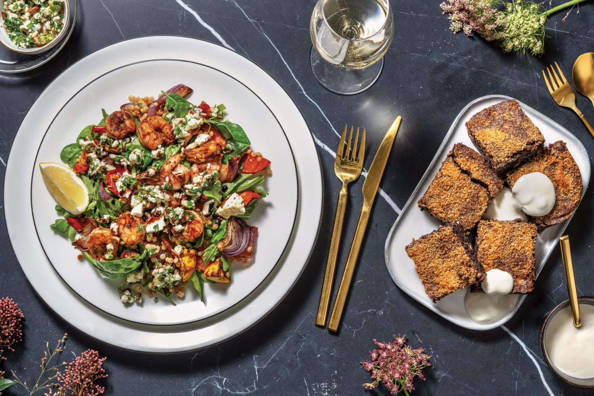 Spiced Prawns & Veggie Pearl Couscous with Nutty Garlic Fetta & Balsamic Glaze