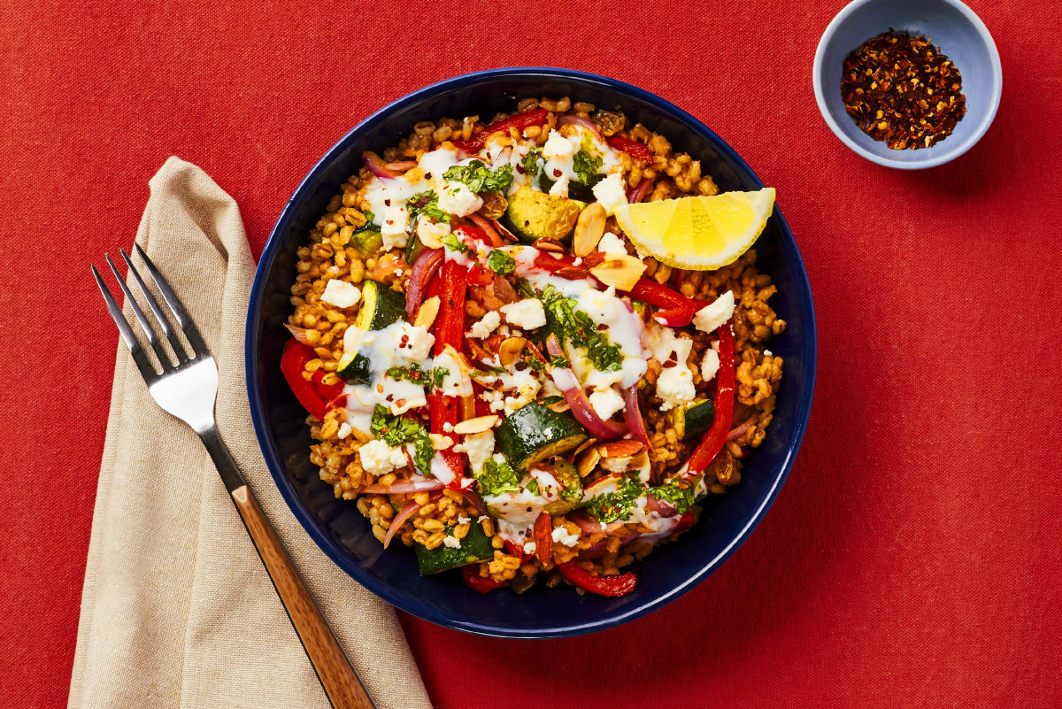 Spicy Harissa Veggie Barley Bowls