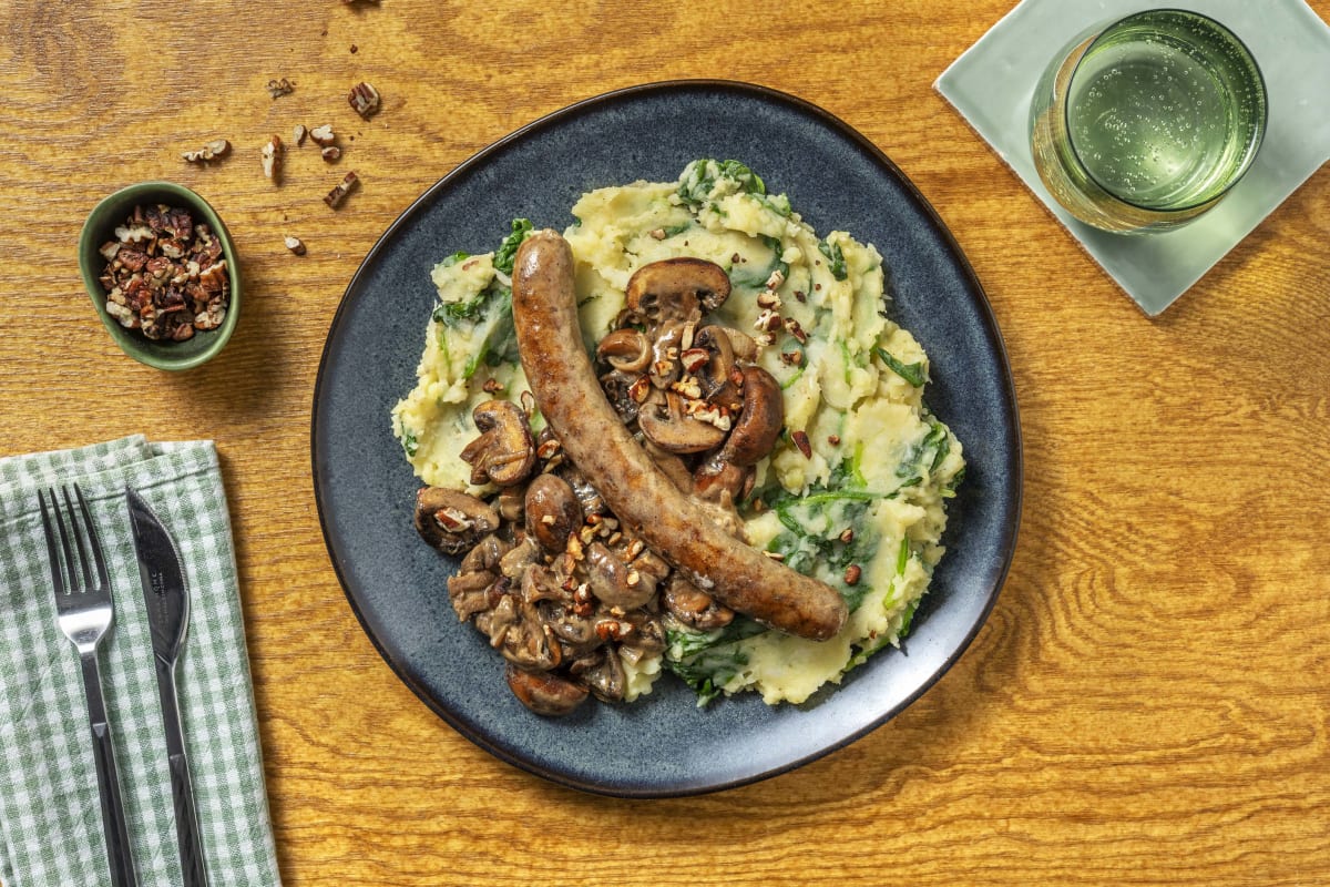 Saucisse fermière, purée d'épinards et céleri-rave