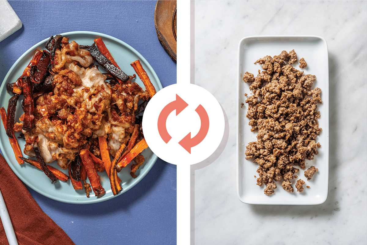 Sriracha-Spiced Beef & Rainbow Veggie Fries