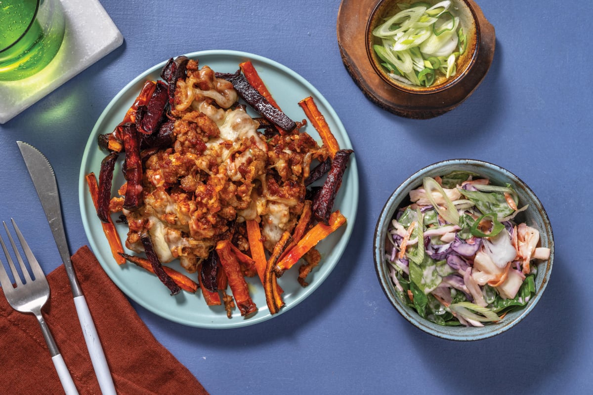 Sriracha-Spiced Pork & Rainbow Veggie Fries