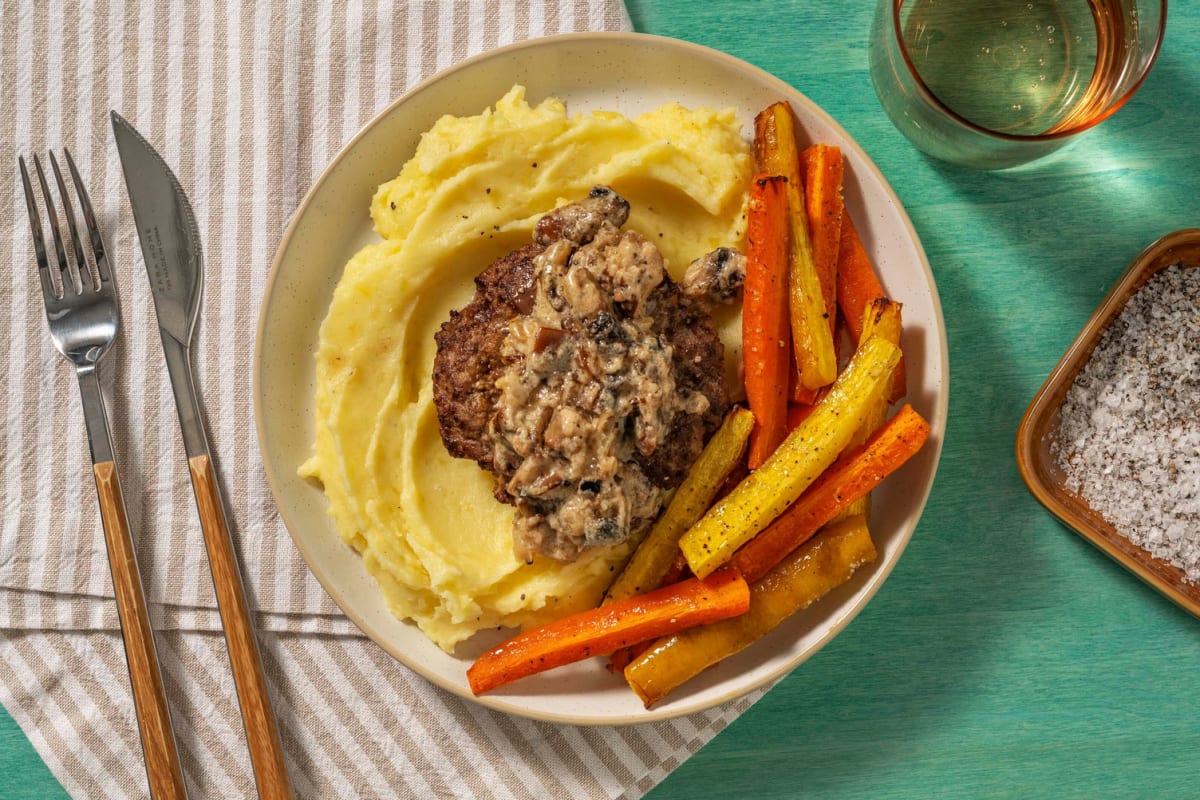 Steak haché de bœuf, sauce au portobello