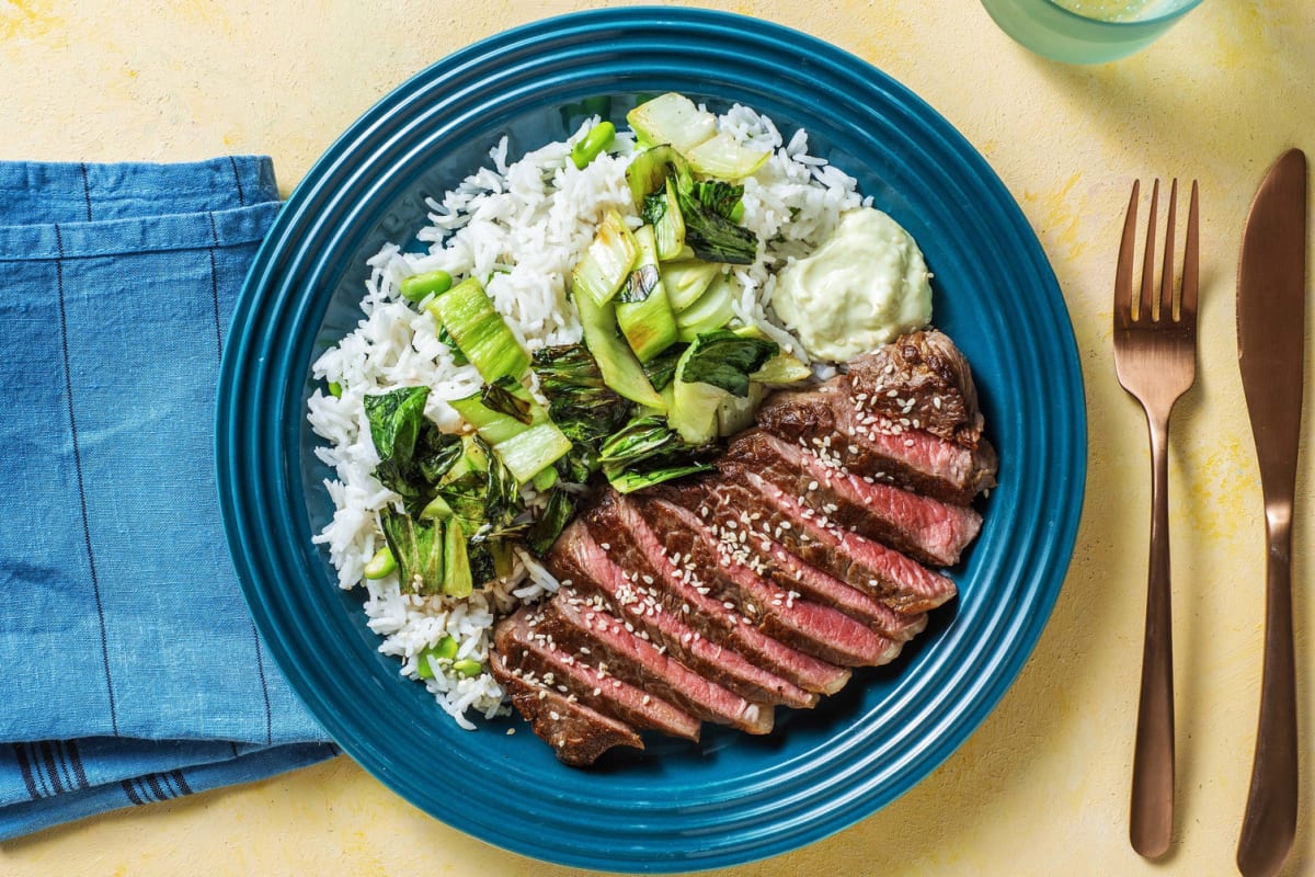 Steak mariné à la sauce ponzu et bok choy