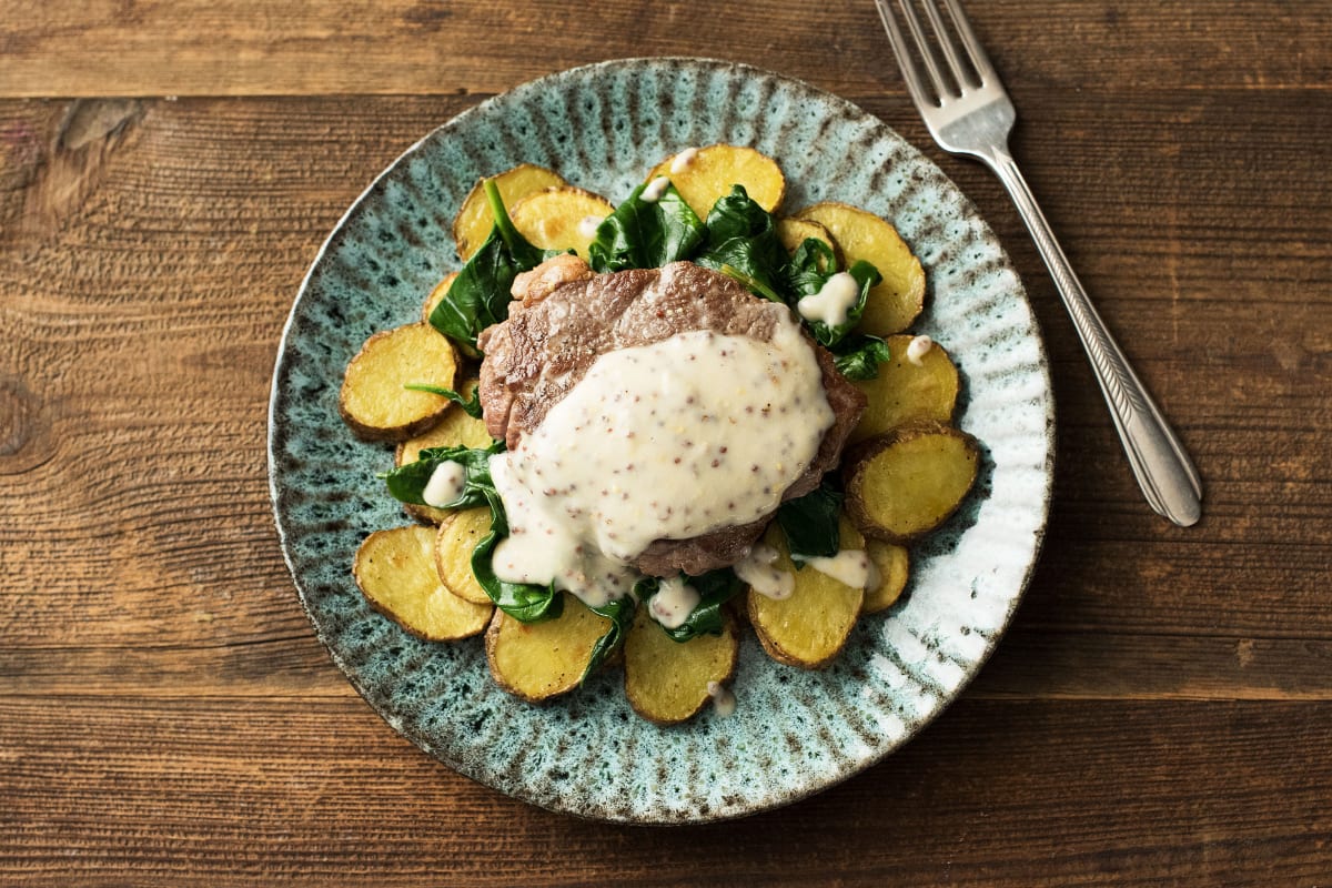 Steak with Crispy Potatoes, Garlic Spinach