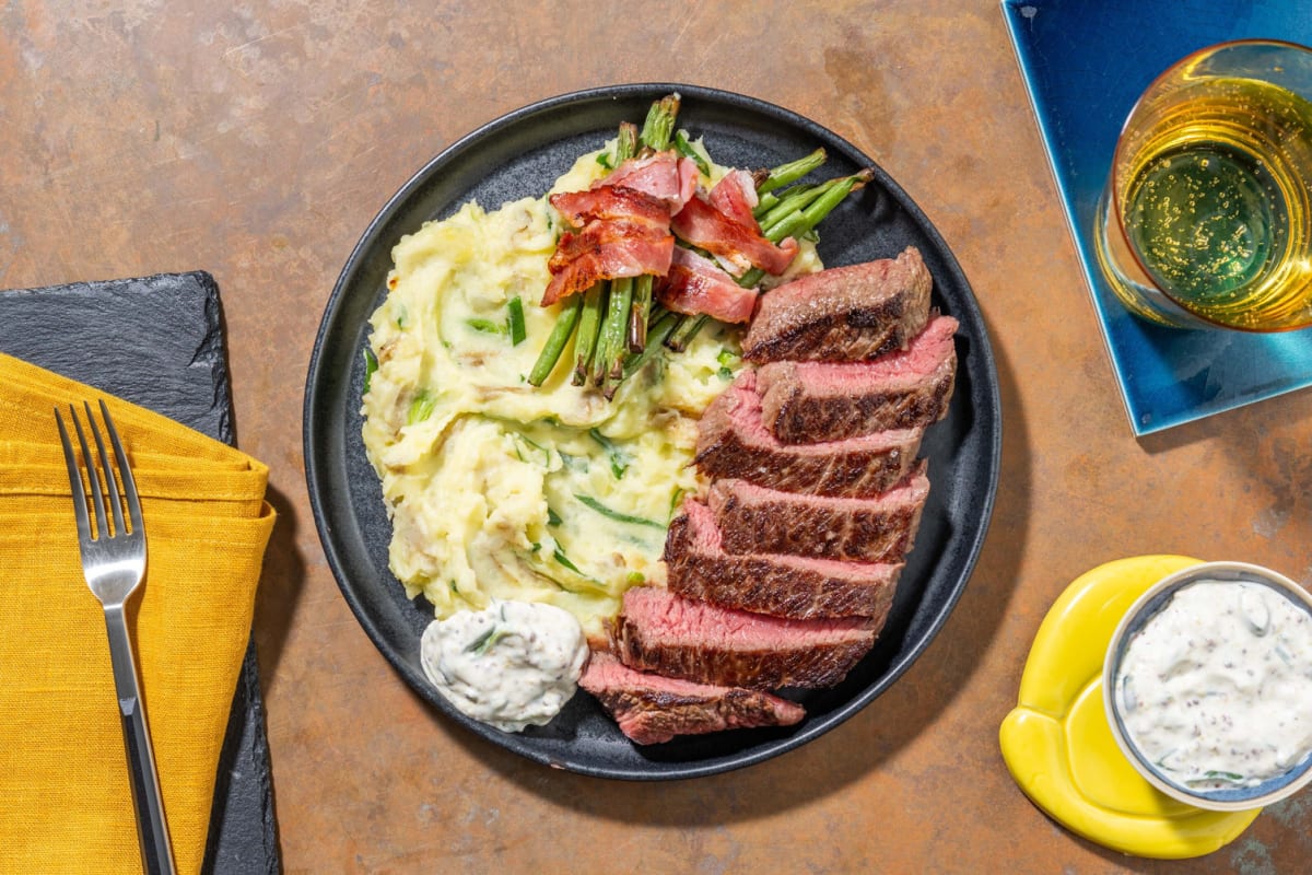 Steaks, Shrimp, and Bacon-Wrapped Green Beans