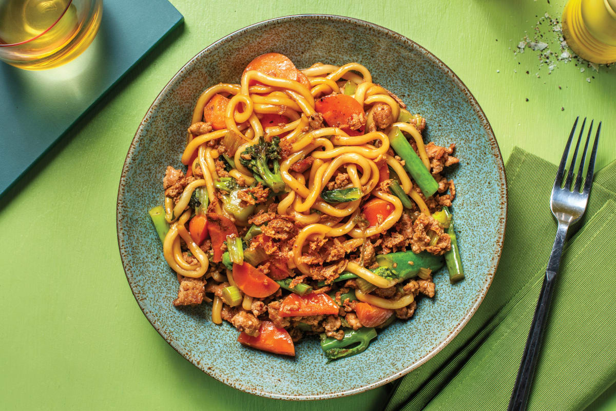 Sticky Chinese-Style Pork Noodles with Greens & Crispy Shallots