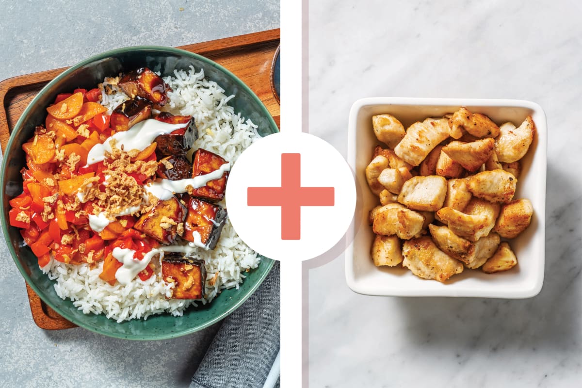 Sticky Chicken, Tofu & Garlicky Veg Rice Bowl