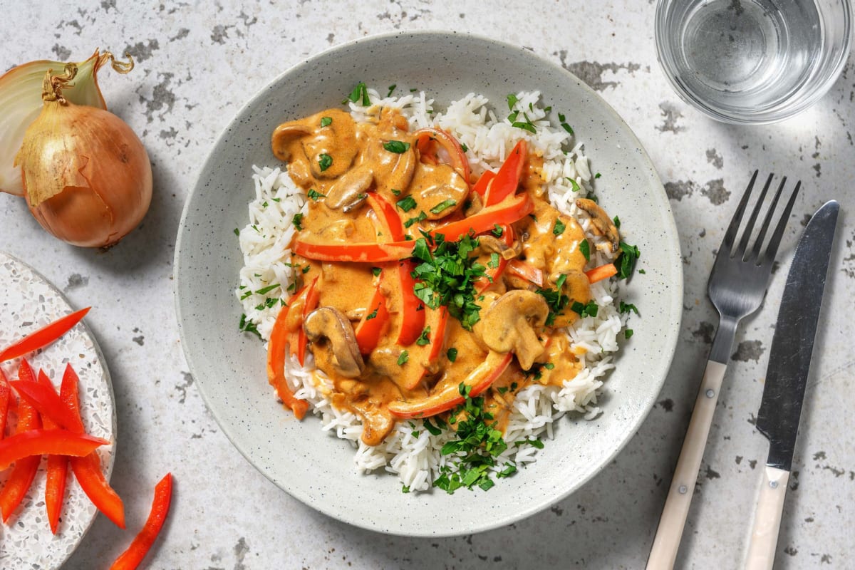 Vegetarische stroganoff met rijst