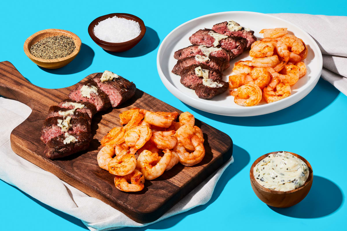 Succulent Shrimp, Steak & Garlic Herb Butter