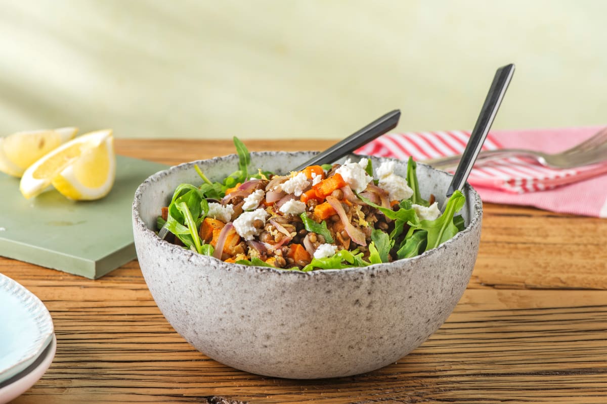 Süßkartoffelsalat mit Hirtenkäse & Linsen