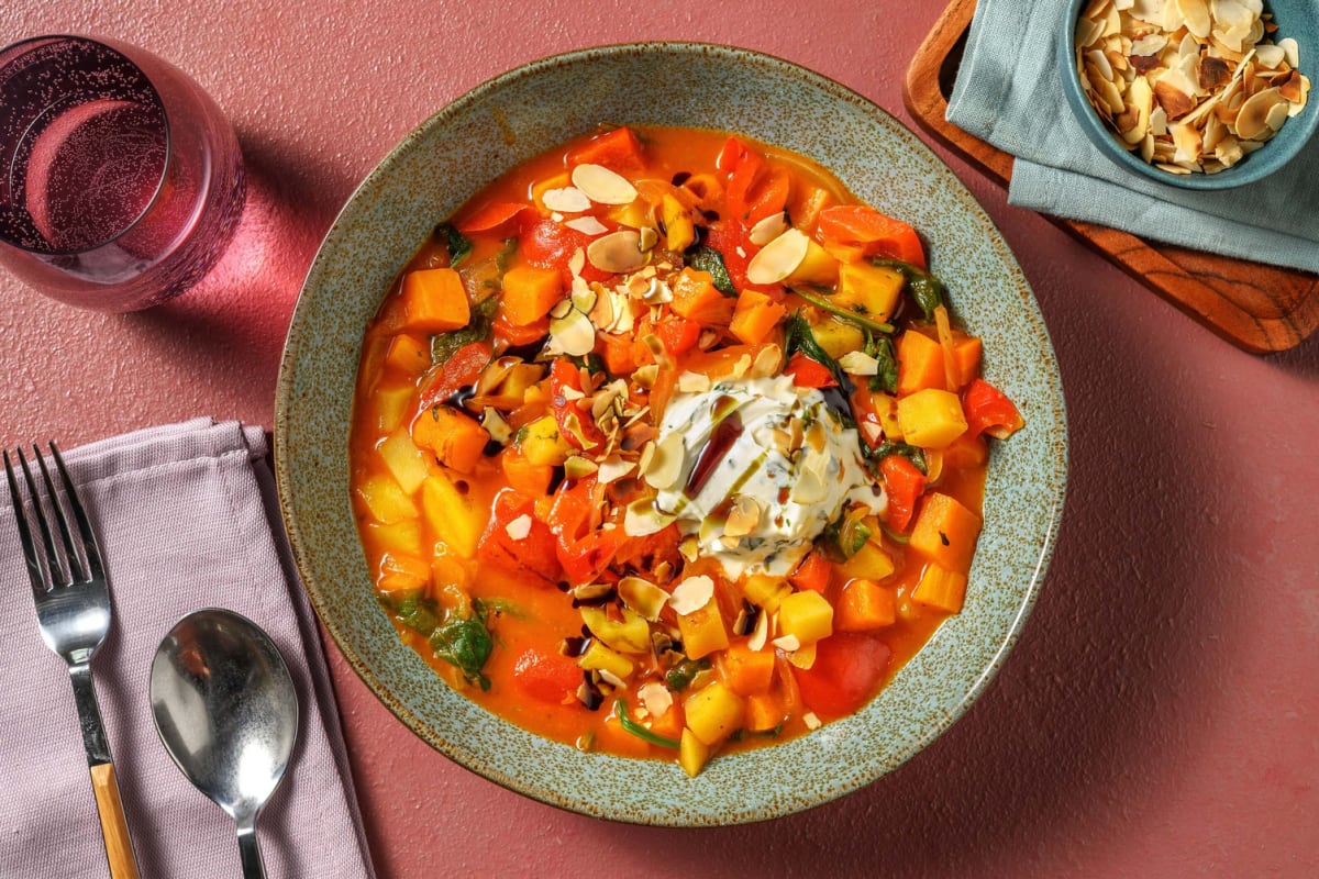 Süßkartoffeleintopf mit Paprika und Kürbiskernöl