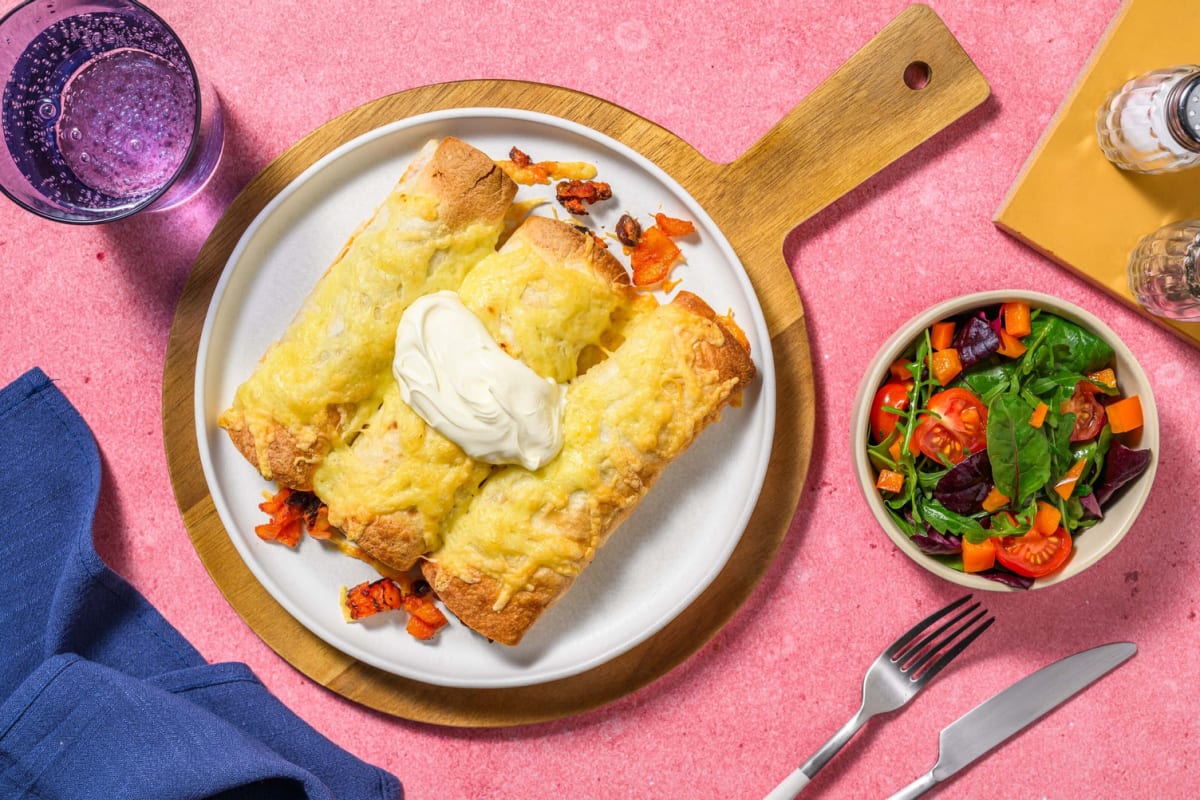 Taquitos aux filets de poulet, aux poivrons et aux  haricots noirs