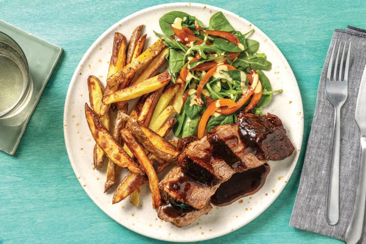 Sweet & Sticky Beef Brisket with Fries & Chargrilled Capsicum Salad