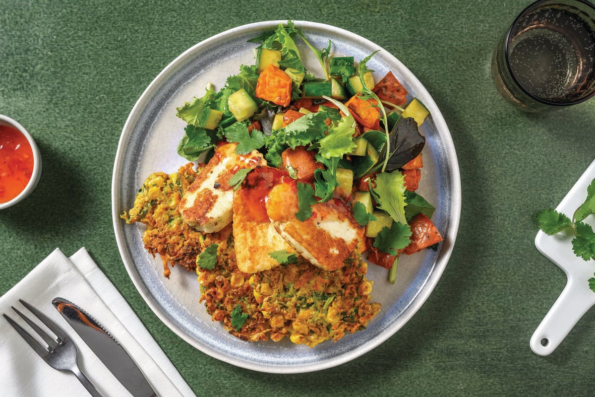 Corn-Zucchini Fritters & Haloumi Stack