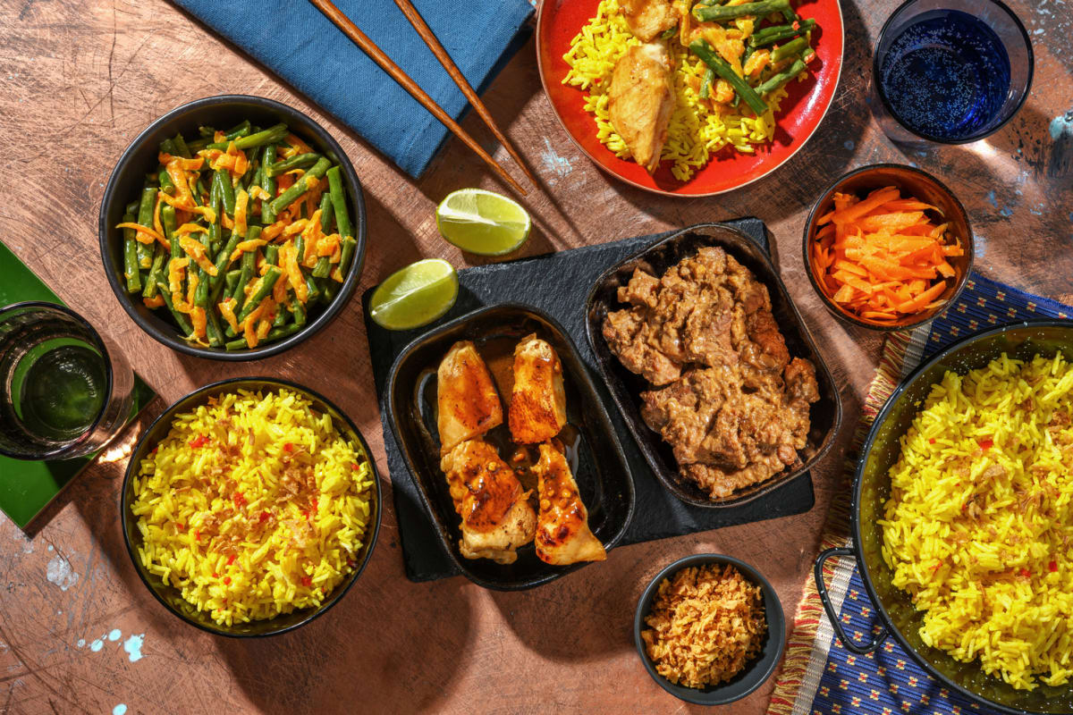 Table de riz au bœuf rendang et poulet satay