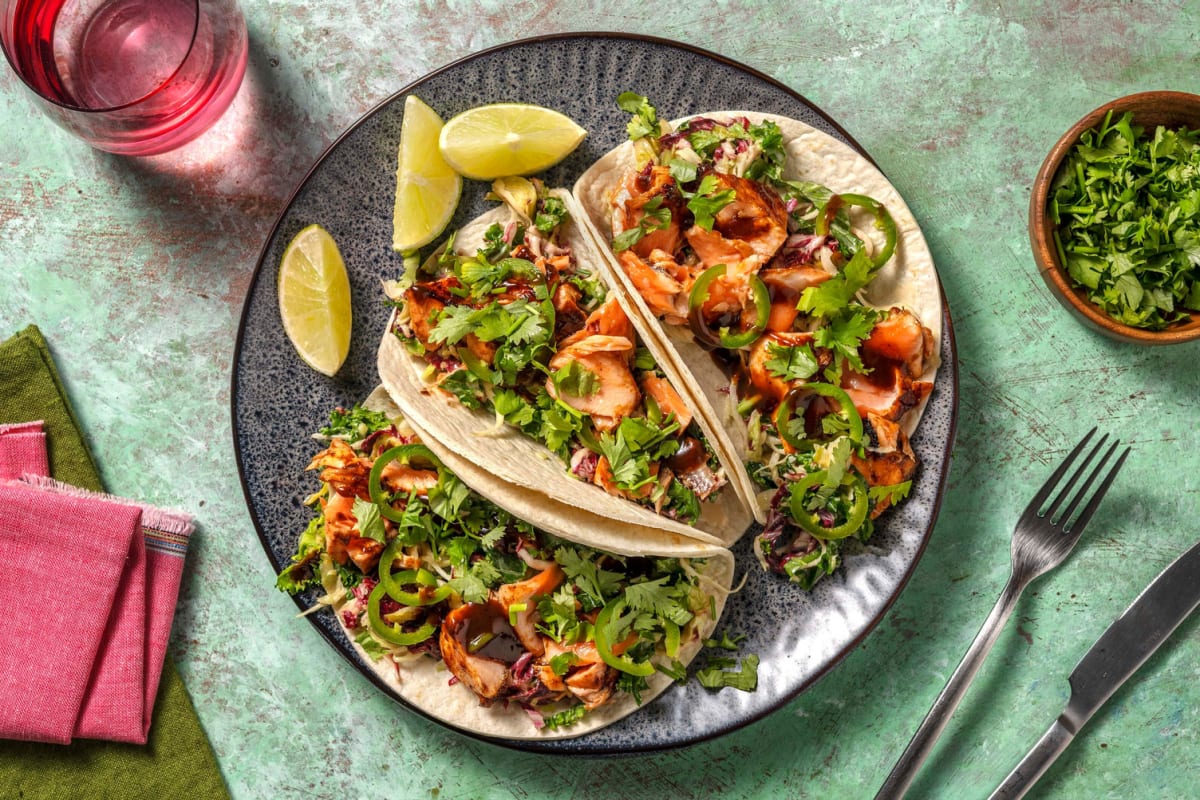 Tacos de saumon glacé à la sauce gingembre-hoisin