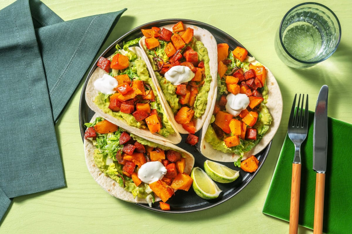 Tacos mit Kürbis-Ofengemüse und Chorizo