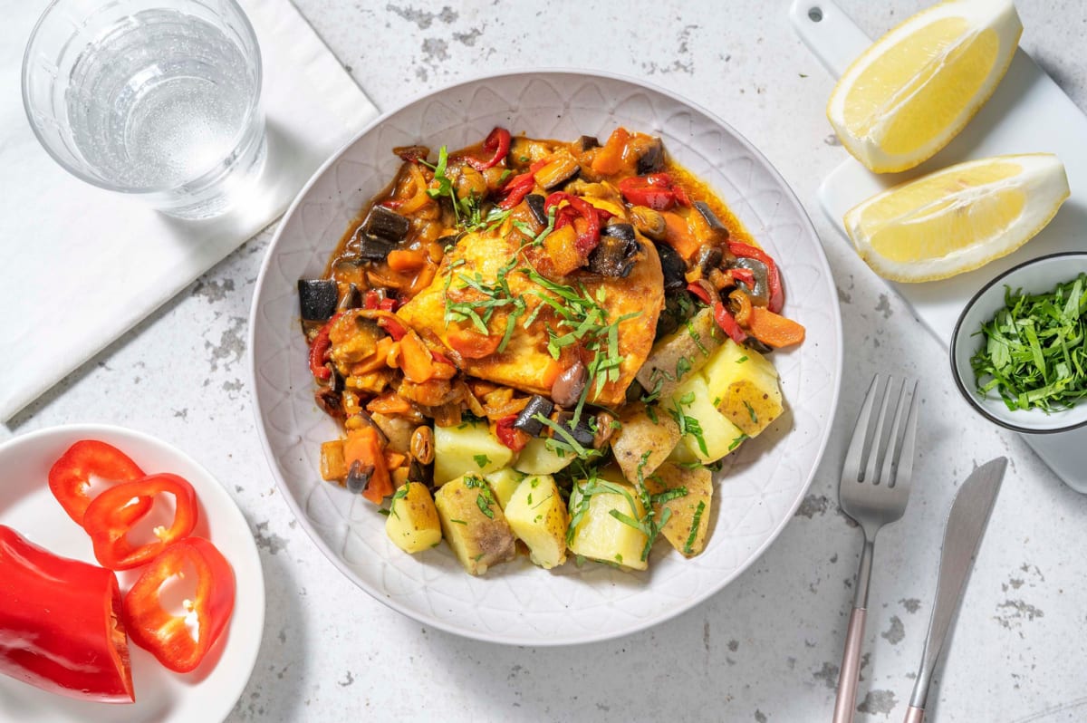 Tajine van kip, puntpaprika en aubergine