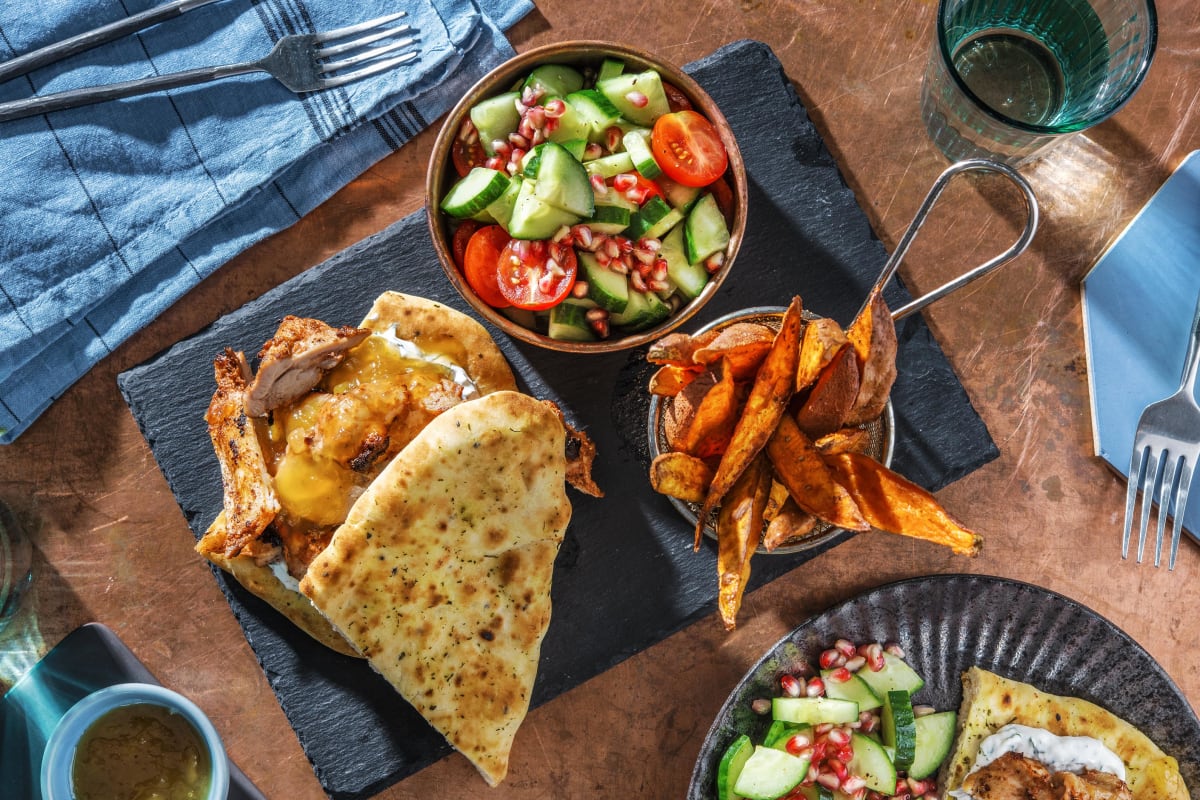 Tandoori Chicken Naan-wich and Spiced Sweet Potato Wedges