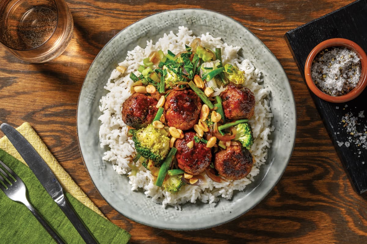 Teriyaki Beef Meatballs, Green Beans & Garlic Rice