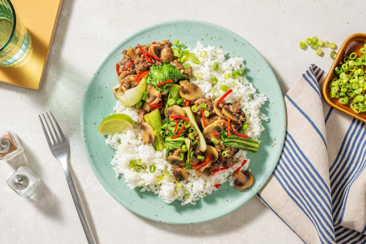 Teriyaki Donburi mit Hackfleisch, Pilzen & Pak Choi