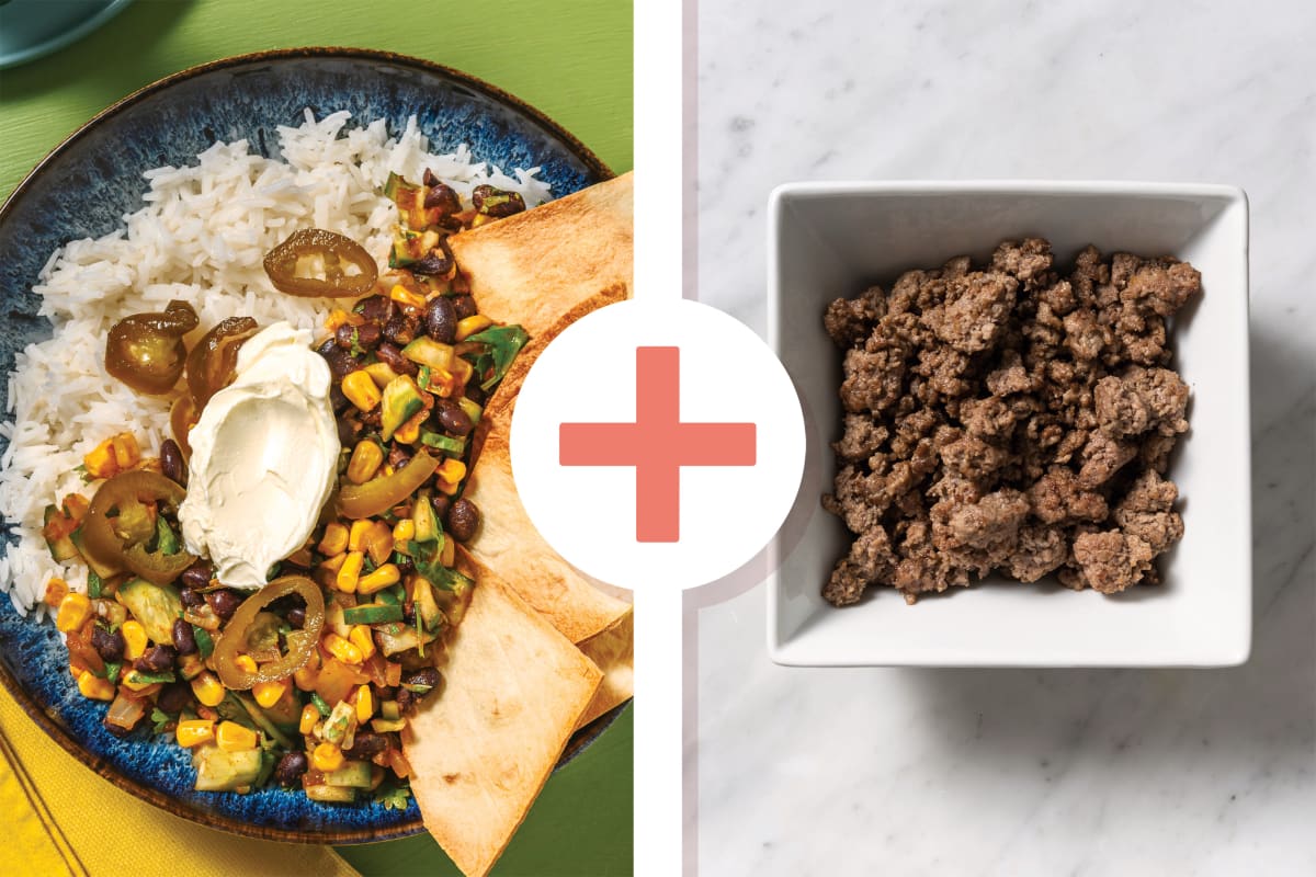 Tex-Mex Beef & Black Bean Taco Bowl & Garlic Rice