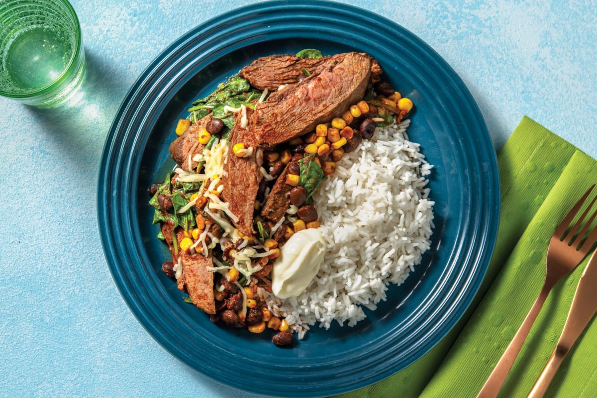 Tex-Mex Beef Brisket & Black Beans with Buttery Rice, Cheddar & Sour Cream