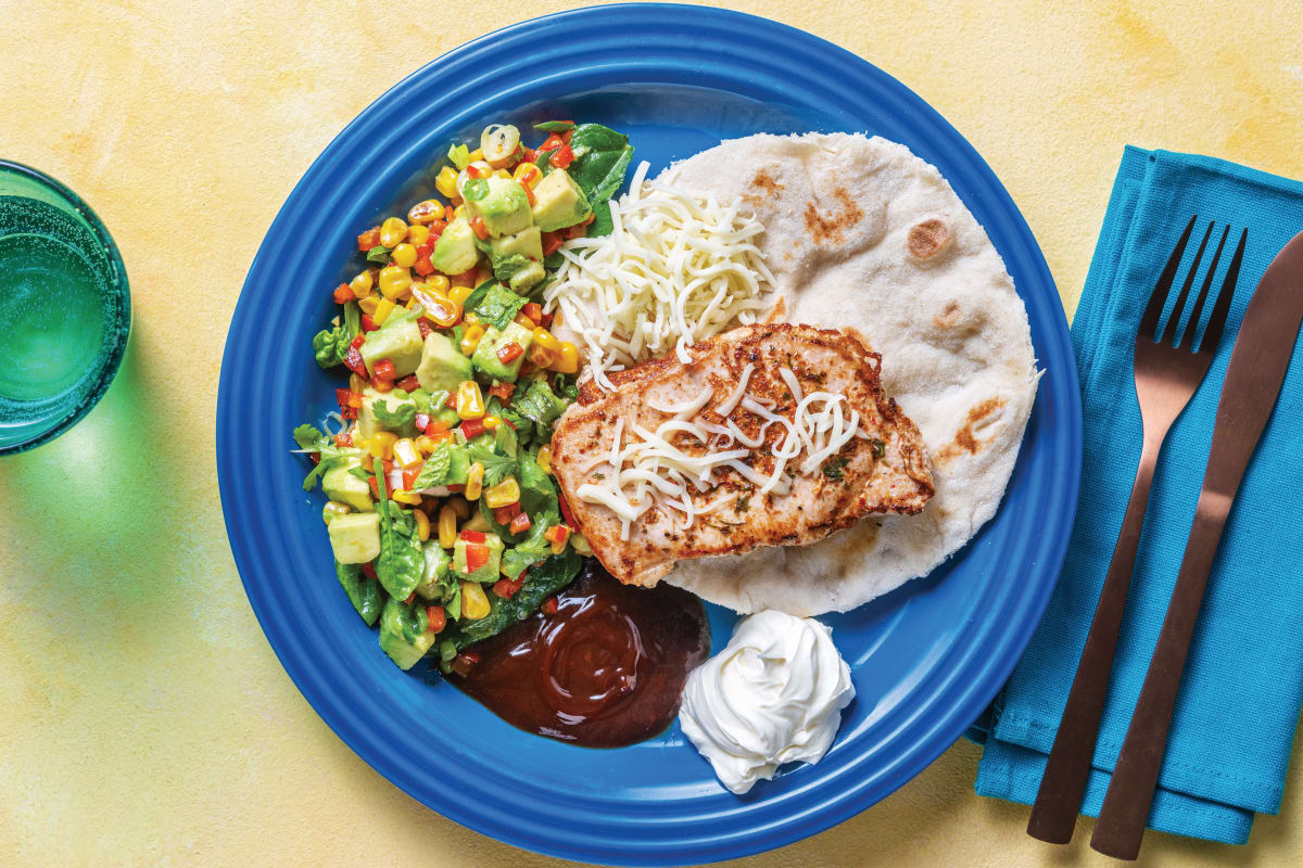 Tex-Mex Pork & Flatbreads with Avocado & Capsicum Salad