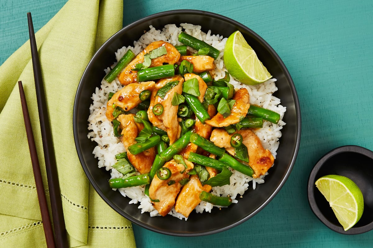 Thai Basil Chicken Stir Fry with Lime Green Beans Jasmine Rice