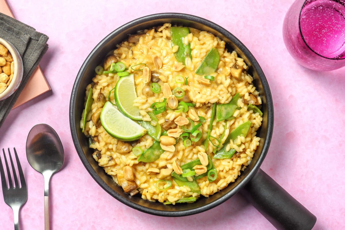 Thai-Curry-Risotto mit Kefen und Pilzen