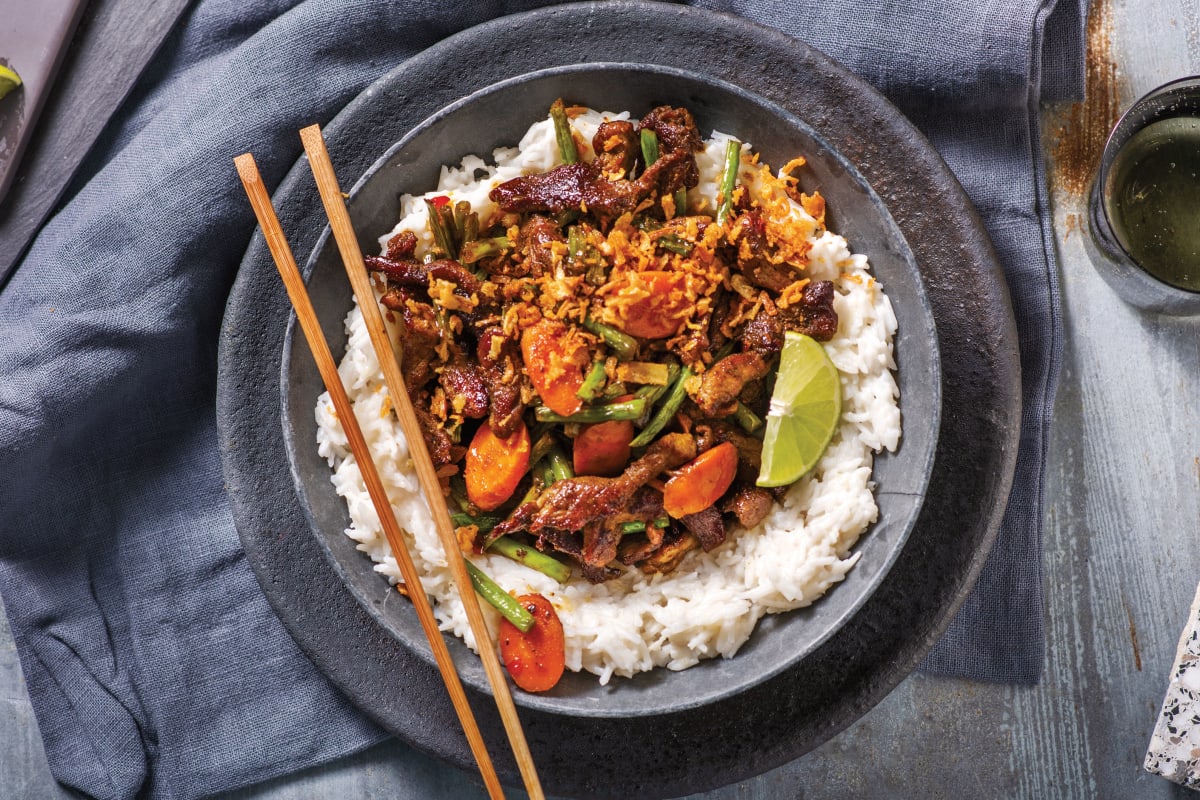 Thai-Spiced Pork with Ginger-Coconut Rice & Crispy Shallots