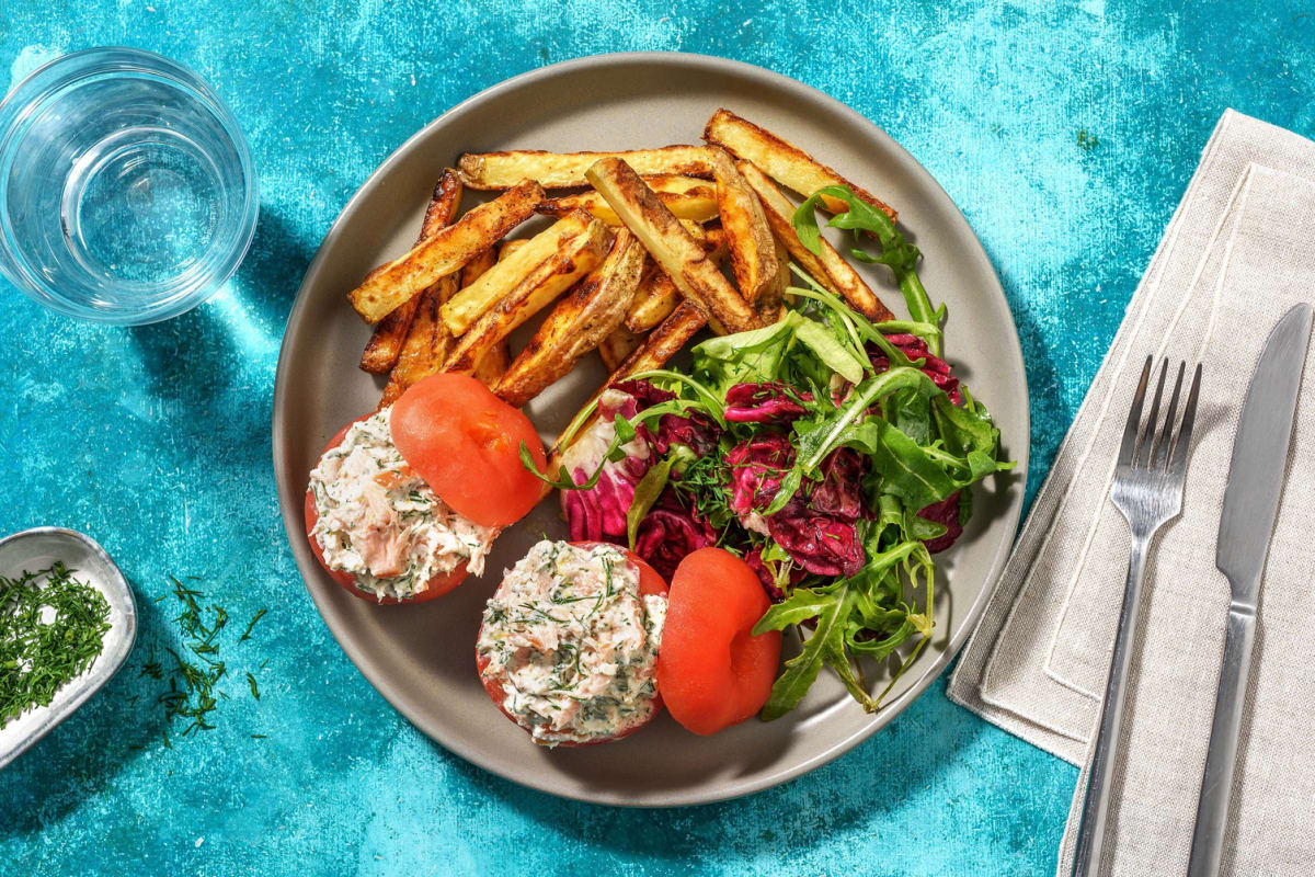 Gevulde tomaten met warmgerookte zalm, dille en roomkaas