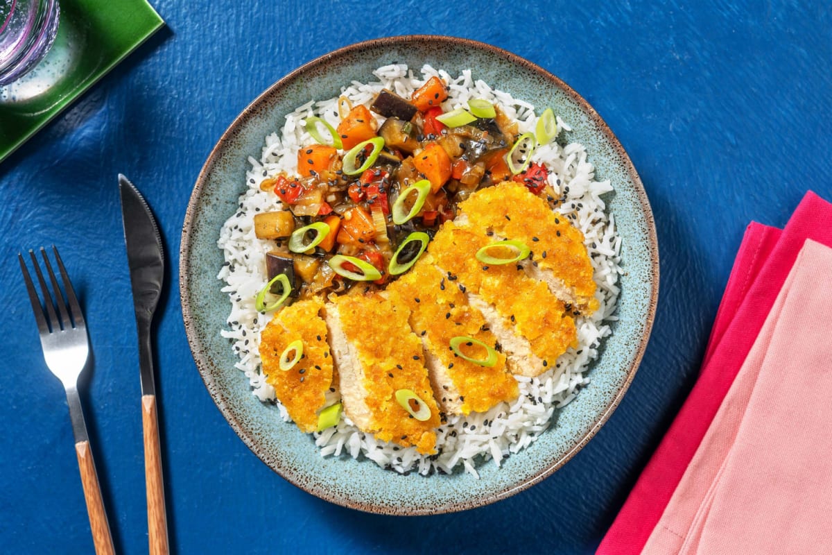 Curry vegan avec escalope panée végétarienne et riz