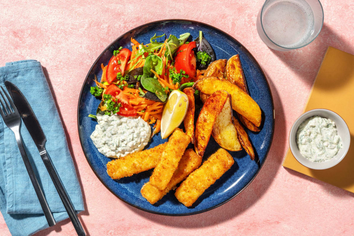 Vegan Fish & Chips Remoulade, dazu knackiger Salat mit Karotte und Tomate